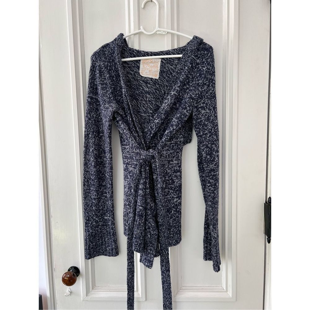 Love Rocks Navy blue and white heather hooded cardigan sweater w/ belt M
